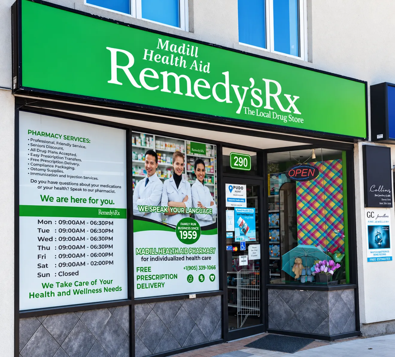 Madill Health Aid Pharmacy storefront on Lakeshore Road East